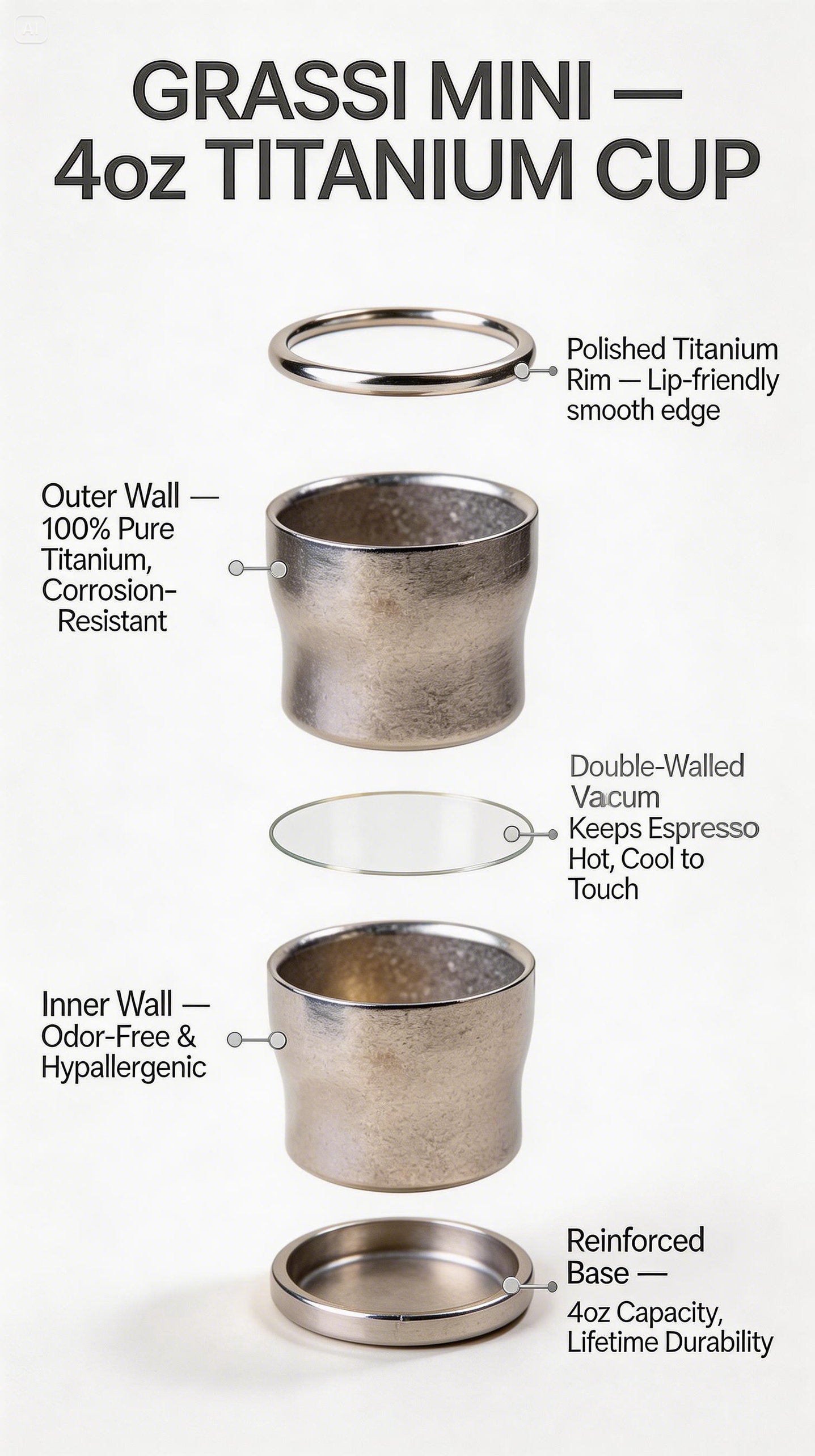 LAMOSE 4oz Titanium Espresso Cup Double Wall Insulated — Petite Edition